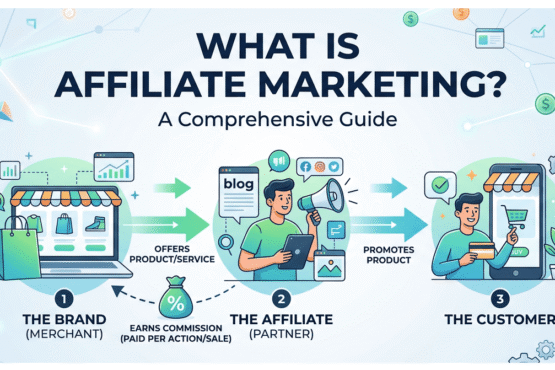 Affiliate marketing ecosystem showing the connection between brands, affiliates, and consumers